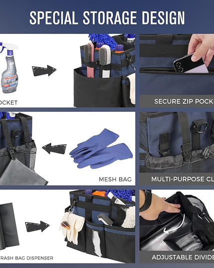 Wearable Cleaning Caddy, Cleaning Caddy Supplies Organizer with Handle & Shoulder Straps for Housekeepers, Under Sink & Car Cleaning Tool Organizers Bag with 4 Foldable Divider (NavyBlue)