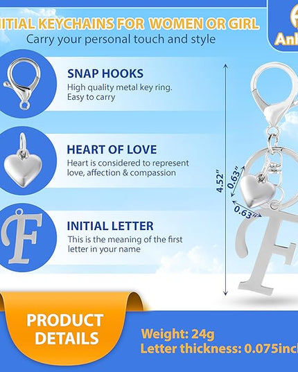 A-Z Heart Initial Letter Keychain, Stainless Steel Alphabet Charm for Handbags, Gift for Women and Girls