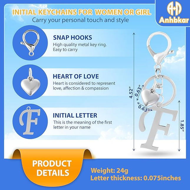 A-Z Heart Initial Letter Keychain, Stainless Steel Alphabet Charm for Handbags, Gift for Women and Girls