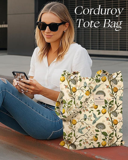 Corduroy Tote Bag for Women - Reusable Totes with Pocket & Buckle Cute Aesthetic Shoulder Bag for Work Travel