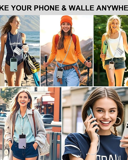 XANGNIER Clip and Go Strap for Phone with Wallet Crossbody, Phone Strap with Zippered Wallet, Adjustable Anti Theft Cellphone Lanyard for Women, Cellphone Chain Accessories,Chain Silver
