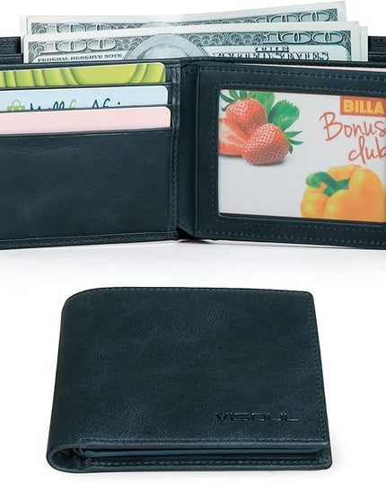 VISOUL Mens Bifold Leather RFID Blocking Wallet with 2 ID Windows, Soft Genuine Leather Card Holder Wallet with 2 Cash Compartments for Men (Dark Blue)