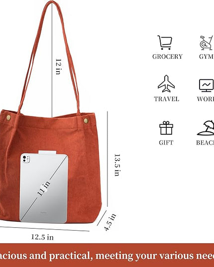 Corduroy Tote Bag Cute Tote Bags for Women Shoulder Bag with Inner Pocket for Work Beach Travel and Shopping Grocery