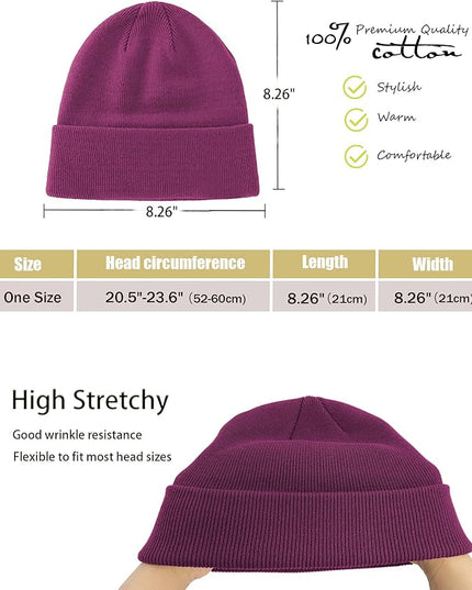 100% Cotton Beanie Hat- Unisex Ultra Soft Winter Warm Stretch Knit Cuffed Hats Fisherman Beanies Skull Cap