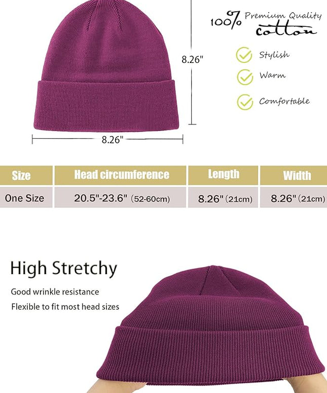 100% Cotton Beanie Hat- Unisex Ultra Soft Winter Warm Stretch Knit Cuffed Hats Fisherman Beanies Skull Cap