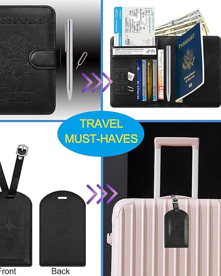 Passport Holder With Luggage Tag Cover Wallet RFID Blocking Leather Case Travel Essentials Accessories Travel Must Have(114#Black)