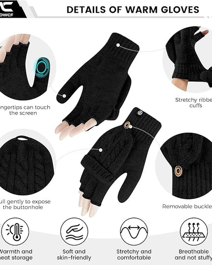 Winter Fingerless Gloves for Women Men Warm Knitted Convertible Mittens Flap Cover