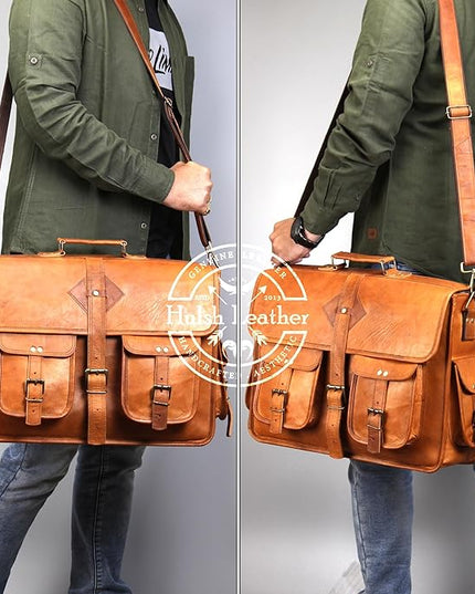 Vintage Leather Laptop Bag for Men Full Grain Large Leather Messenger bag for men 18 inches with rustic look Brown briefcase (Tan)