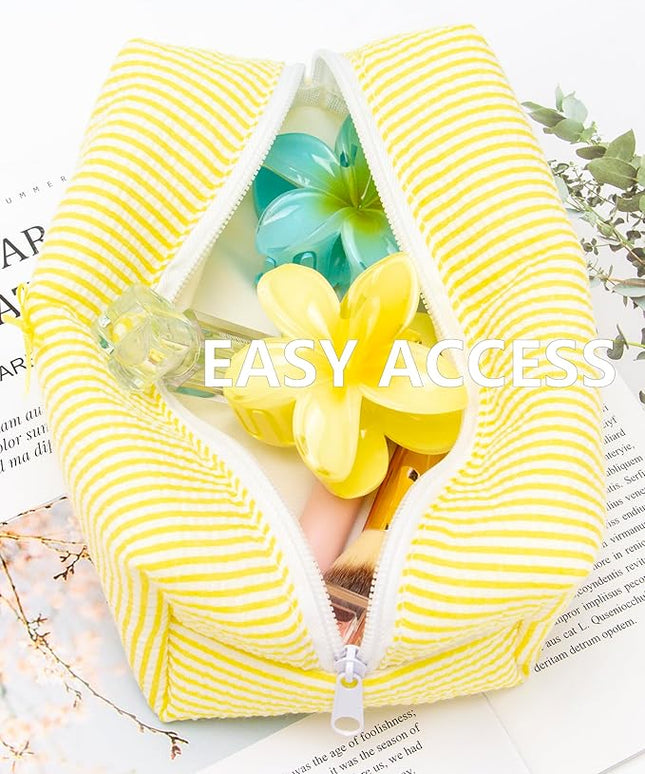 PAZIMIIK 6PCS Cozy Makeup Bag Small Aesthetic Travel Zipper Cosmetic Pouch for Women Make Up Beauty Accessories Brushes, Stripe Yellow