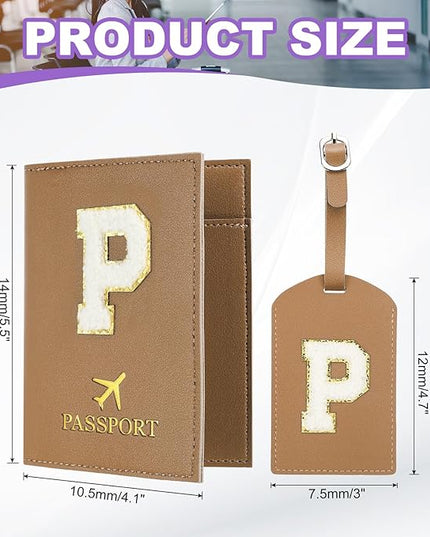 PATIKIL Passport Holder for Travel, Initial Passport Cover and Luggage Tag Set with Alphabet Chenille Letter Patch Travel Wallet Bag Suitcase Identifier for Women Family Travel Brown P