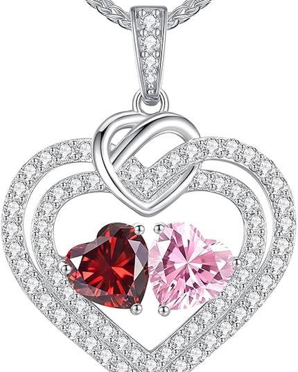 LOUISA SECRET Sparkling Double Heart Birthstone Necklaces for Women, 925 Sterling Silver Fine Jewelry, Pendant Heart Necklaces Birthday Anniversary Christmas Gift for Women Wife Mom Girlfriend Lady