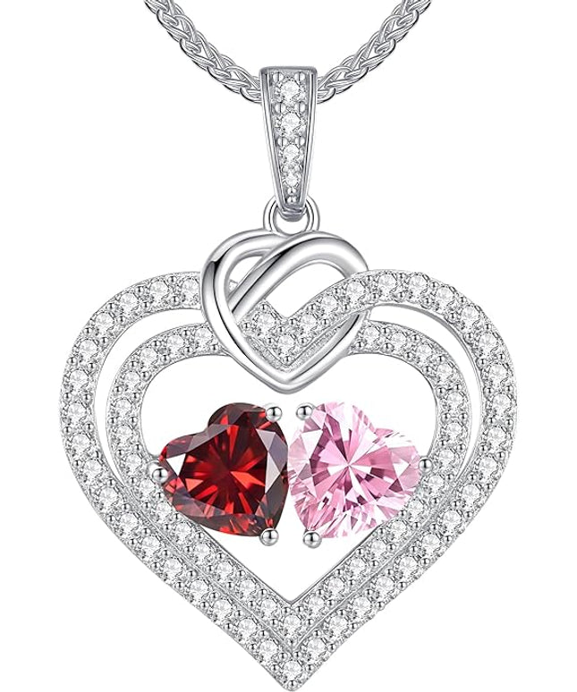 LOUISA SECRET Sparkling Double Heart Birthstone Necklaces for Women, 925 Sterling Silver Fine Jewelry, Pendant Heart Necklaces Birthday Anniversary Christmas Gift for Women Wife Mom Girlfriend Lady