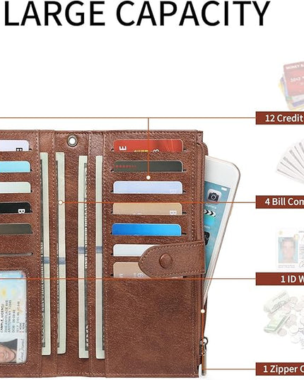 SENDEFN Wallet for Women RFID Blocking Leather Clutch Long Purse Large Capacity Credit Card Holder Wristlet