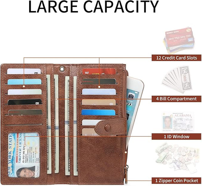 SENDEFN Wallet for Women RFID Blocking Leather Clutch Long Purse Large Capacity Credit Card Holder Wristlet
