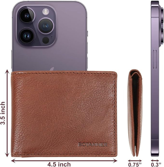 BOTANNER Mens Leather Bifold Wallet RFID Blocking, 8 Credit Card Slots, 2 Sections for Notes & 2 Additional Slots | Choco