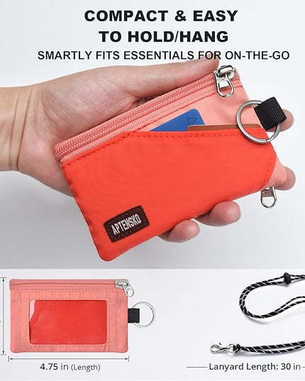 RFID Travel Wallet with Adjustable Lanyard-Zipper Small Wallet with ID Card Holder, Keychain for women&men-Minimalist Slim Waterproof Nylon case for ID, Cash, Key (BlazingOrange+CoralBlush)
