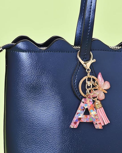 Fashion Alphabet Initial Letter Keychain Tassel Butterfly Pendant Key Ring for Purse Handbags Women Girl