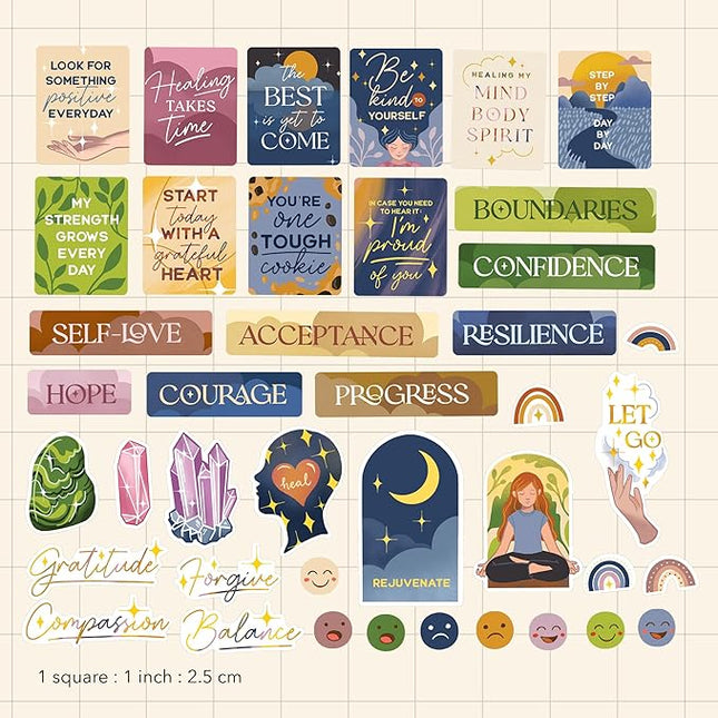 Navy Peony Healing Journey Vision Board Stickers (41 Pieces) - Self-Care, Spiritual Goal Setting Stickers for Planners, Journals, Scrapbooks