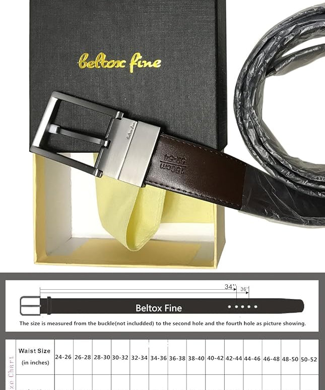 beltox fine Men's Dress Belt Leather Reversible 1.25" Wide Rotated Buckle Gift Box