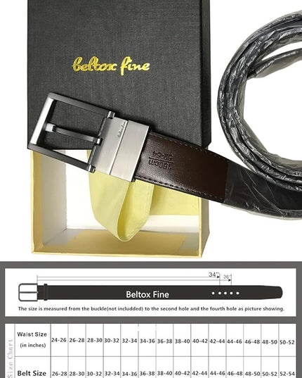 beltox fine Men's Dress Belt Leather Reversible 1.25" Wide Rotated Buckle Gift Box