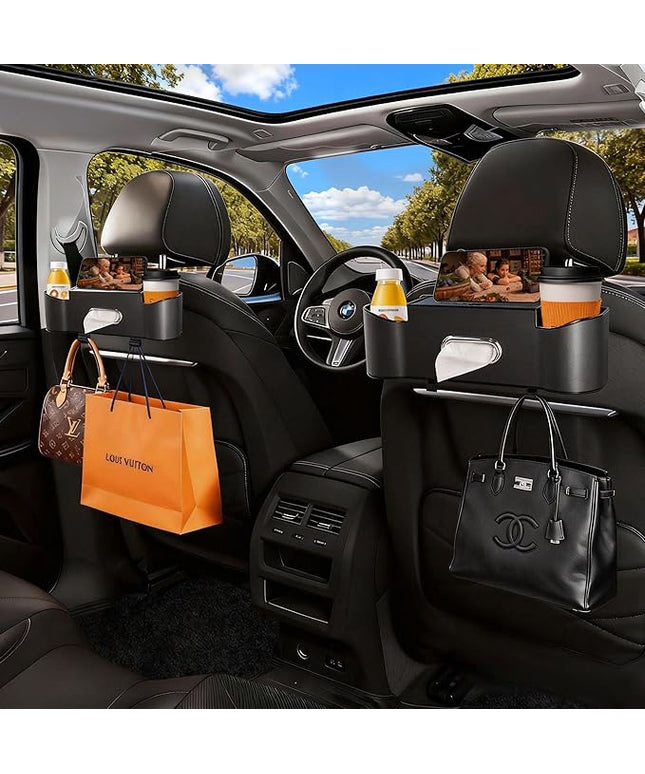 2Pack Car Backseat Organizer for Kids & Travelers - 4 in 1 Multifunctional Car Seat Back Storage with Cup Holder, Tissue Box, Snack/Handbag Holder - Nappa Leather Universal Fit for SUV/Van(Black)