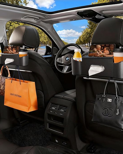 Car Backseat Organizer for Kids & Travelers - 4 in 1 Multifunctional Car Seat Back Storage with Cup Holder, Tissue Box, Snack/Handbag Holder - Nappa Leather Universal Fit for SUV/Van/Sedan (Black)
