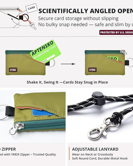 RFID Travel Wallet with Adjustable Lanyard-Zipper Small Wallet with ID Card Holder, Keychain for women&men-Minimalist Slim Waterproof Nylon case for ID, Cash, Key (Olive Green)