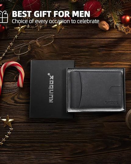 RUNBOX Slim Wallet for Men Genuine Leather RFID Blocking Bifold Minimalist Front Pocket Mens Wallet with Money Clip Thin Gift Box