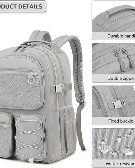 Lohol Water Resistant Daypack with Mulitiple Pockets for School Travel Outdoor College, 15.6 inch Laptop Backpack for Men and Women (Grey)