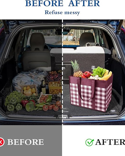 WISELIFE Reusable Grocery Shopping Bags 10 Pack Large Foldable Tote Bags Bulk, Long Handle for Shopping Groceries Clothes (Plaid C)