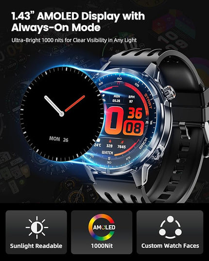 WalkerFit GPS Smart Watch for Men, Multi-Satellite Positioning, Full Metal Body, 520mAh Long Battery Life, 5ATM Waterproof with Bluetooth Call, 1.43” AMOLED Screen, Compatible with Android/iPhone