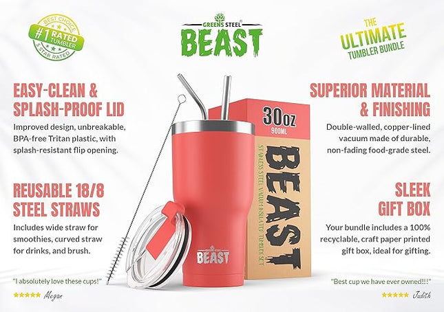 Beast 30 oz Tumbler Stainless Steel Vacuum Insulated Coffee Ice Cup Double Wall Travel Flask (Coral Pink)