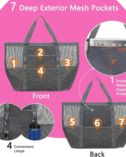 Mesh Beach Bag, Large Beach Tote with Zipper Pocket, Toys Pool Bag for Family Travel Vacation Cruise Essentials