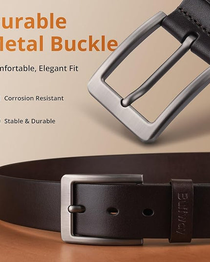 Buffway Men’s Full Grain Leather Belt – Solid One-Piece Leather, 1.5” Wide for Jeans & Business Casual, Gift Box Included