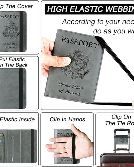 Passport Holder Cover Wallet Travel Essentials Leather Rfid Blocking Case Vacation Luggage Must Haves Travel Accessories for Men Women (116#Grey)