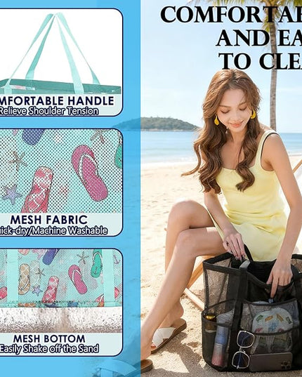 Mesh Beach Bag, Large Beach Tote with Zipper Pocket, Toys Pool Bag for Family Travel Vacation Cruise Essentials