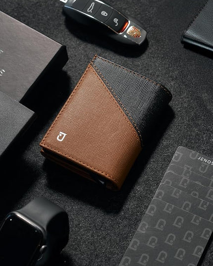 Jenoss Smart Wallet For Men: Full Grain Leather, Handcrafted, Slide Metal Pop Up Case, Slim RFID Blocking Credit Card Holder, Compact 12 Cards Slot Organizers, ID, Money Clip(Brown & Black)