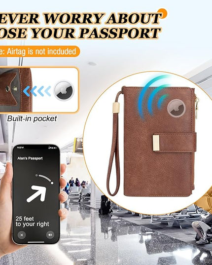 HUANLANG Passport Holder with Airtag for Women/Men, Airtag Passport Wallet for Travel Leather Passport Holder RFID Blocking,Travel Passport Walelt with Credit Card Holder