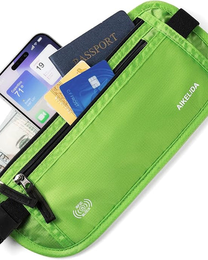 RFID Blocking Money Belt - Passport Holder & Travel Wallet, Slim Hidden Fanny Packs for Women Men - Green