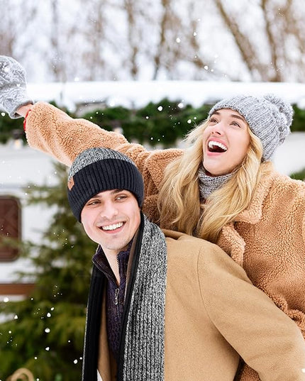 Men Women Winter Beanie Hats Scarf with Touchscreen Gloves Warm Knit Themal Gloves Long Scarf Set with Fleece Lined