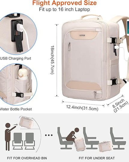 PIJUSHI Travel Backpack for Women Flight Approved Carry on Bag 16 inch Laptop Personal Item Daypack with Shoe Compartment(PE038 Beige)