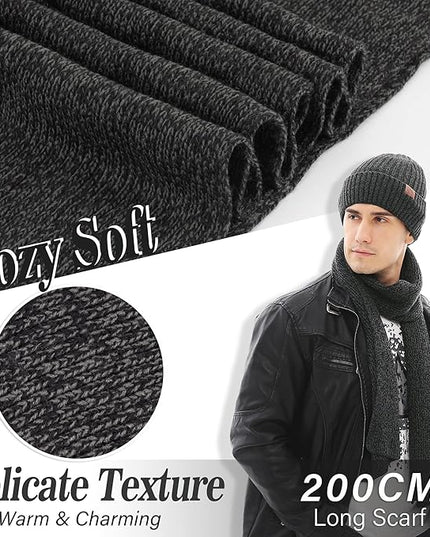 FZ FANTASTIC ZONE Mens Winter Knit Hat Beanie Long Neck Scarf Touchscreen Gloves Set Fleece Skull Caps Gifts for Men Women