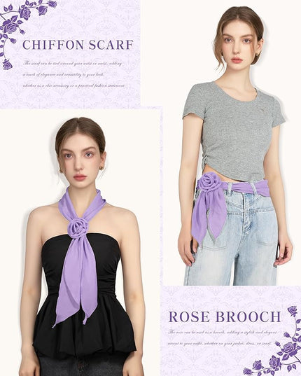 Chiffon Scarf for Women, Removable Flower Neck Scarf Light Soft Fashion Rose Scarves Versatile Headband or Hair Band