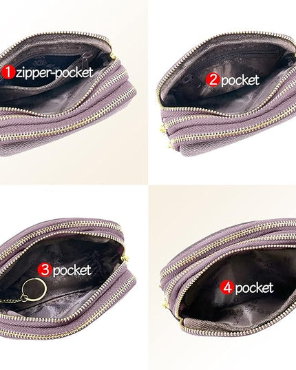 LINNO 3 Zippered Genuine Leather Coin Purse Triple Capacity Change Pouch Little Travel Wallet With Key Ring for Women