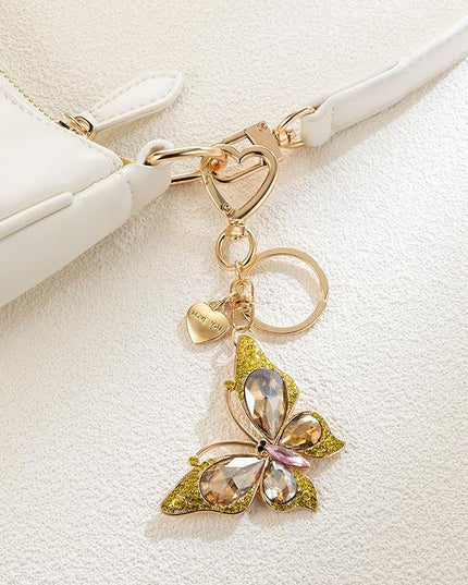 XGALBLA Cute Bling Crystals Rhinestone Butterfly KeyChain with Heart Pendant, Lovely Bag Charms for Handbags Purse Accessory