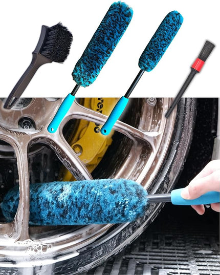 PRO Choice 4 Pack Long Handle Wheel Brush Kit for Cleaning Wheel and Tire- 2X Soft Wheel Cleaning Brush, Detailing Brush and Stiff Tire Brush