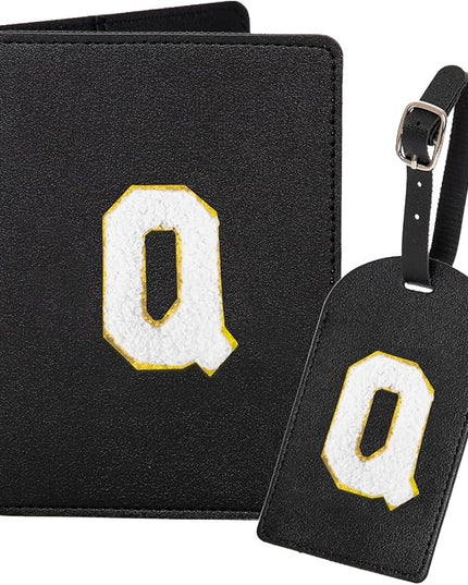 ULICO Initial Passport Cover and Luggage Tag Set,PU Leather Letter Passport Case Holder Travel Suitcase Tag, Personalized Travel Luggage Accessories Gifts for Women Kids Teenage Black Q