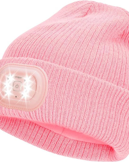 IVYWNT Unisex LED Beanie with Light, USB Rechargeable Headlamp Winter Knitted Hat, Valentine's Day Gift for Men Women, Pink