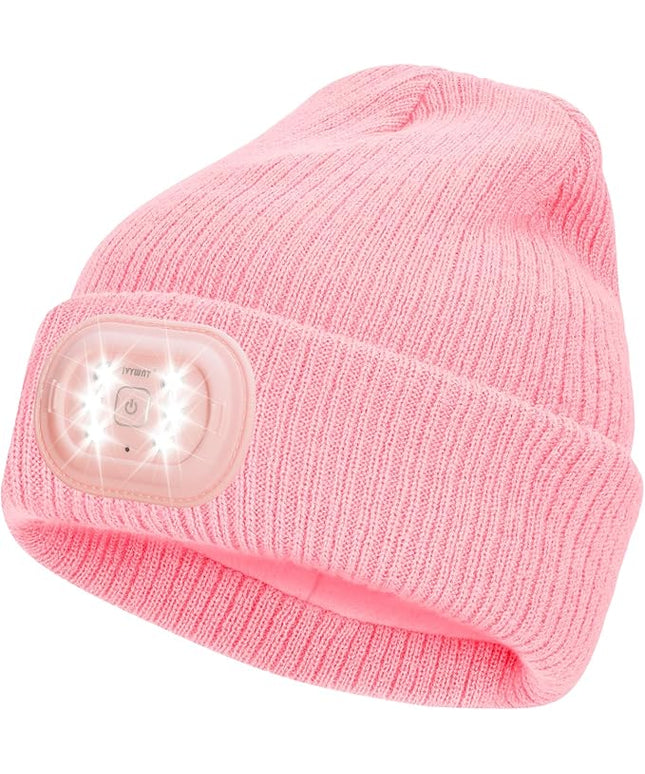 IVYWNT Unisex LED Beanie with Light, USB Rechargeable Headlamp Winter Knitted Hat, Valentine's Day Gift for Men Women, Pink