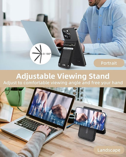 HiWe for MagSafe Wallet Stand with Find My, Anti-Lost Strongest Magnetic Wallet for iPhone 17/16/15/14/13/12 Series, 9 Cards Holder, Leather RFID, Carbon Fiber Black